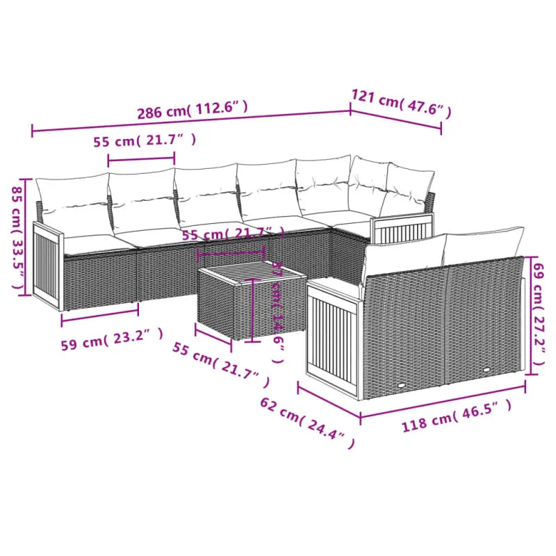 Loungeset in zwart materiaal met gepoedercoat staal afmetingen - Tuinsets