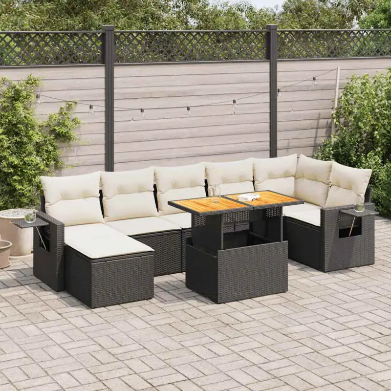 Loungeset in zwart materiaal met gepoedercoat staal en ruime afmetingen - Zwart en crème / Tafel + 3x hoek + 3x midden