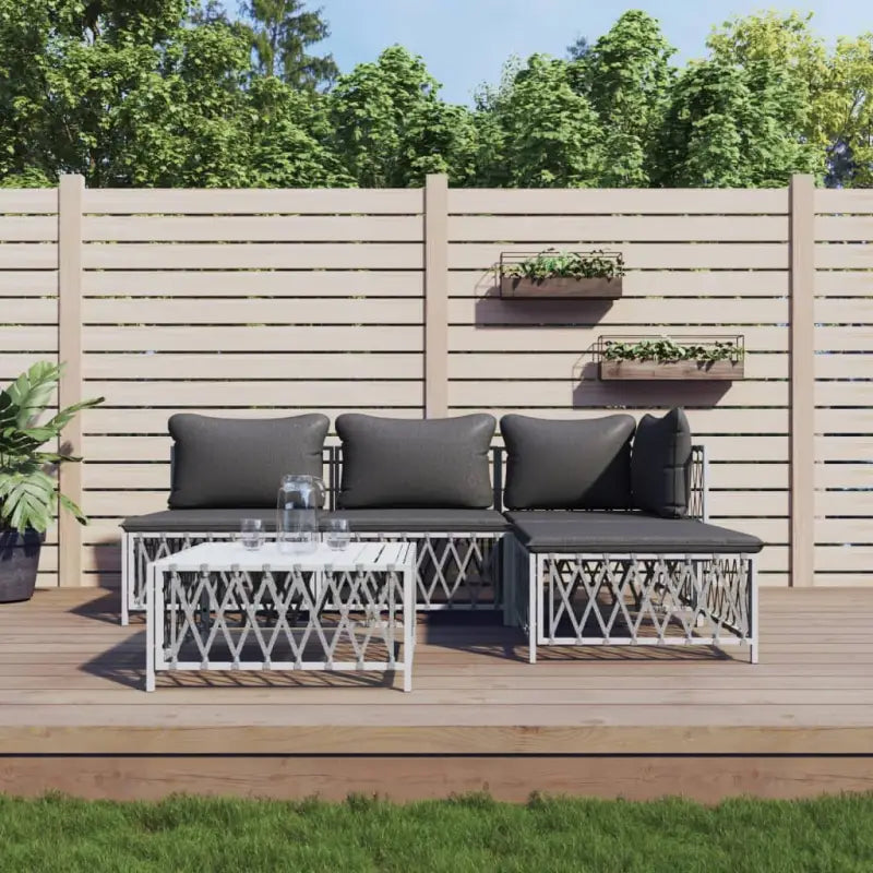 Loungeset met geweven stof en antraciet materiaal voor buitenruimte - Wit / hoek + 2x midden + voetensteun + Tafel