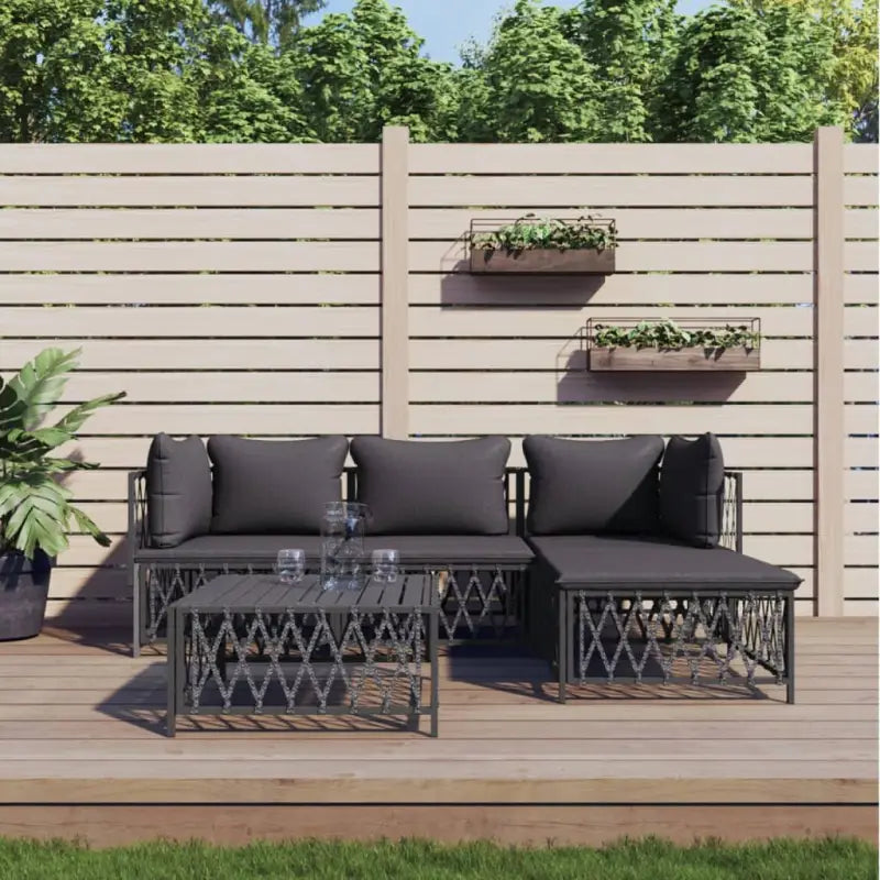 Loungeset met geweven stof en antraciet materiaal voor buitenruimte - Antraciet / 2x hoek + midden + voetensteun