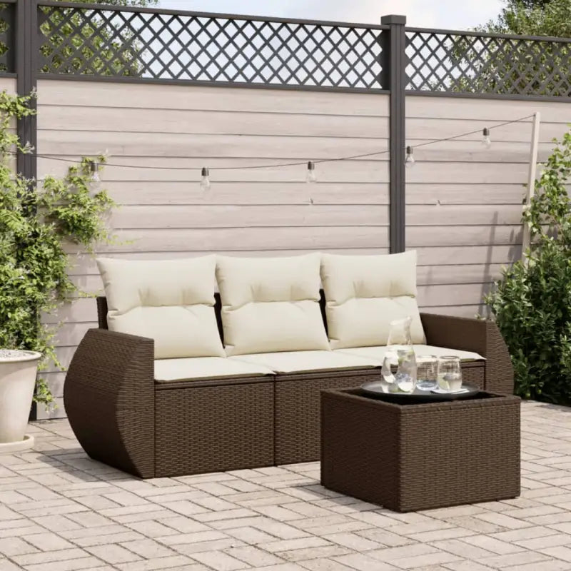 Loungeset met poly rattan en comfortabele zitervaring in gepoedercoat staal - Bruin en crème / Met tafel - Tuinsets