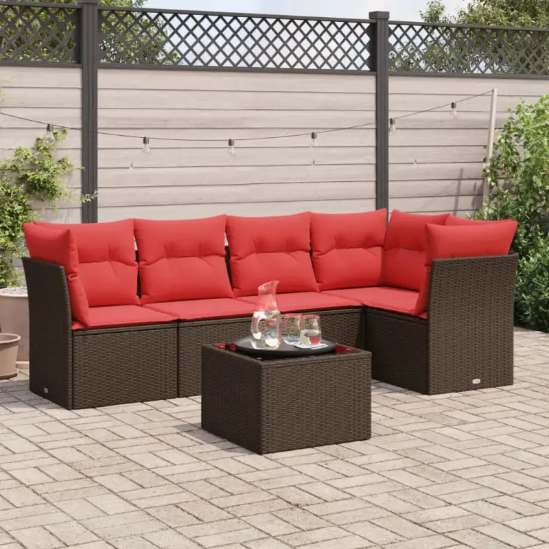Loungeset van bruin materiaal en gepoedercoat staal voor buiten - Bruin en rood / Met tafel - Tuinsets