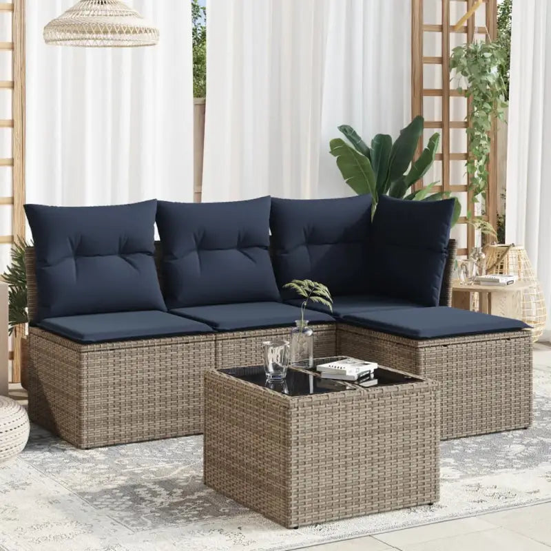 Loungeset van bruin materiaal met gepoedercoat staal en afmetingen - Beige en grijs / Met tafel - Tuinsets