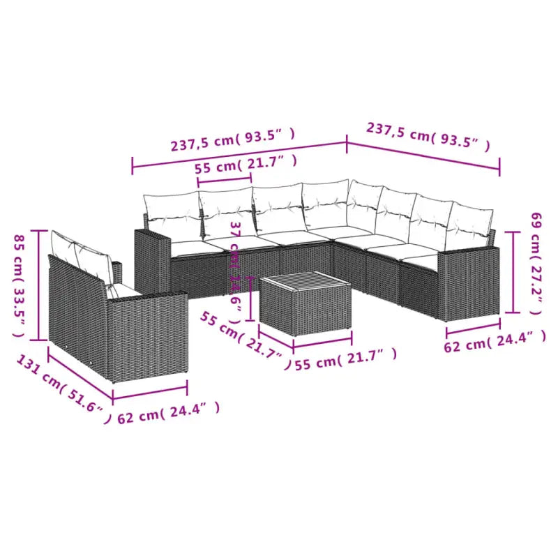 Loungeset van gepoedercoat staal voor tuin en terras in zwart materiaal - Tuinsets