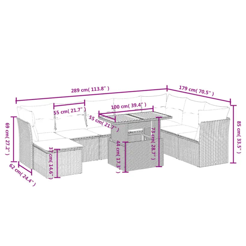 Loungeset van grijs materiaal en gepoedercoat staal met afmetingen - Tuinsets