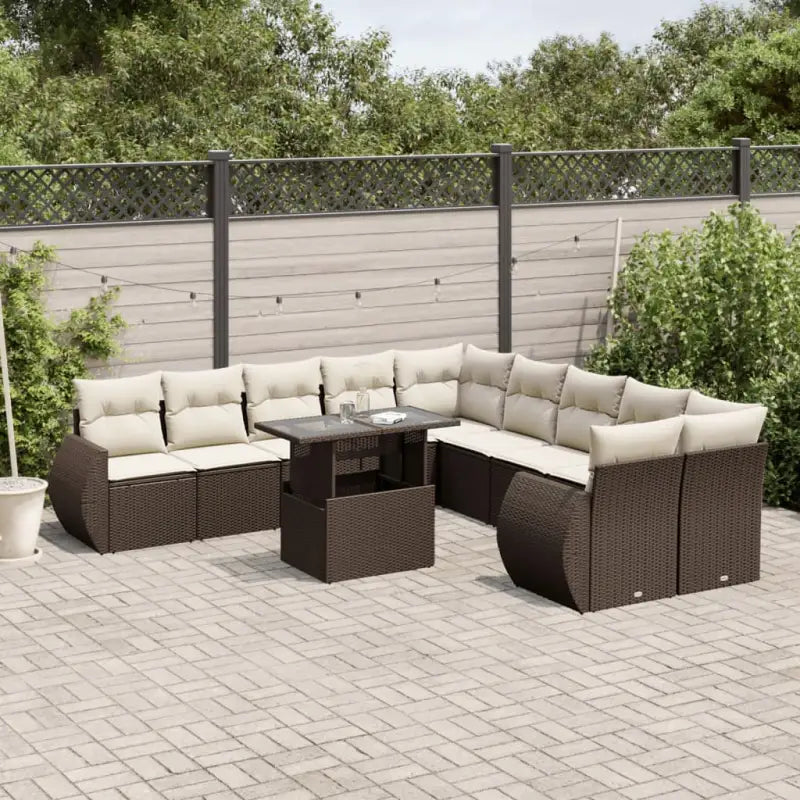 Loungeset van grijs materiaal en gepoedercoat staal voor tuin en terras - Bruin en crème / Met tafel - Tuinsets