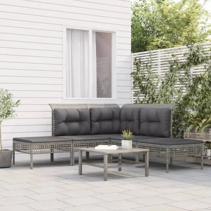 Loungeset van grijs materiaal met gepoedercoat staal afmetingen - hoek + 2x midden + 2x voetensteun - Tuinsets