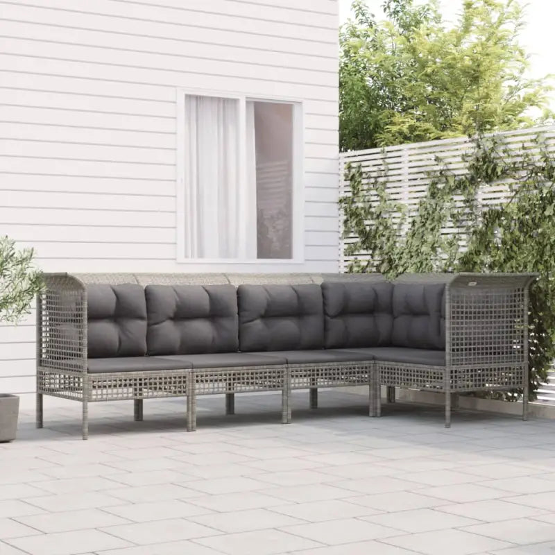 Loungeset van grijs materiaal met gepoedercoat staal en afmetingen - 3x hoek + 2x midden - Tuinsets