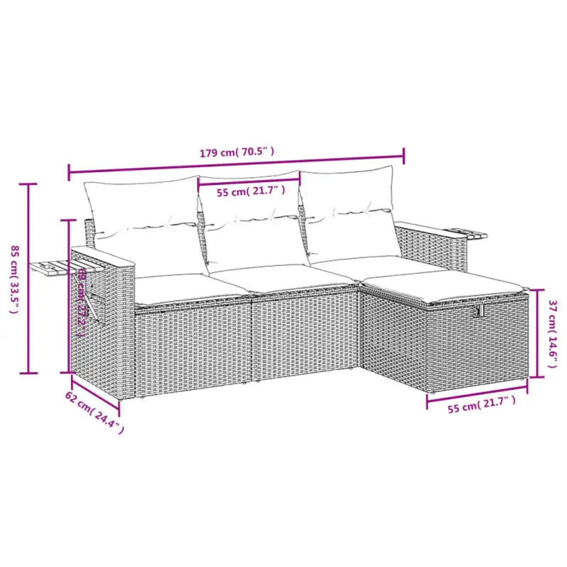 Loungeset van grijs materiaal met gepoedercoat staal en afmetingen - Tuinsets