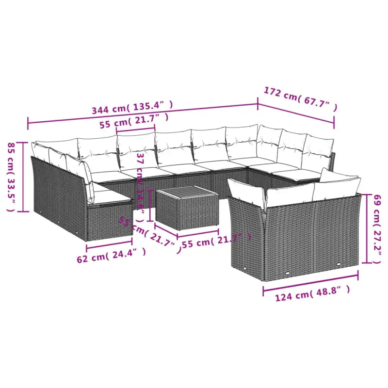 Loungeset van poly rattan met gepoedercoat staal en comfortabele afmetingen - Tuinsets