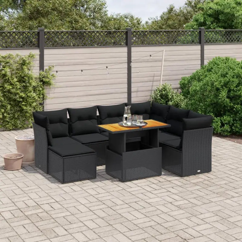 Loungeset van zwart materiaal en gepoedercoat staal voor buiten - Zwart / 3x hoek + 3x midden + voetensteun + Tafel