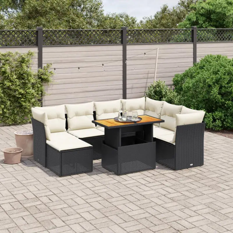 Loungeset van zwart materiaal en gepoedercoat staal voor buiten - Zwart en crème / Tafel + 3x hoek + 3x midden
