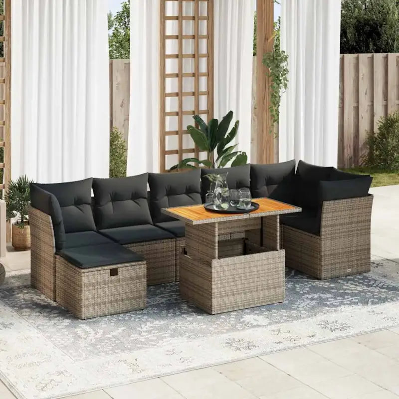 Loungeset van zwart materiaal en gepoedercoat staal voor buiten - grijs en donkergrijs / Tafel + 3x hoek + 3x midden