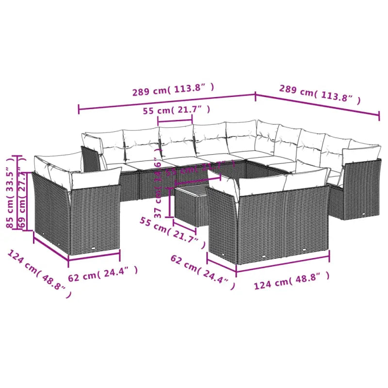 Loungeset van zwart materiaal met gepoedercoat staal en passende afmetingen - Tuinsets