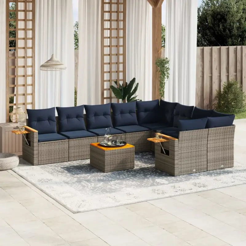 Loungeset voor tuin met grijs materiaal en gepoedercoat staal - grijs en marineblauw / Met tafel - Tuinsets