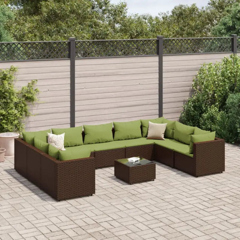 Loungeset voor tuin met grijs materiaal en gepoedercoat staal - Bruin en groen / 4x hoek + 5x midden + Tafel - Tuinsets