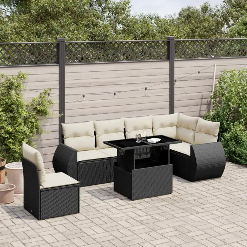 Loungeset voor tuin of terras met zwart materiaal en gepoedercoat staal - Zwart en crème / Met tafel - Tuinsets