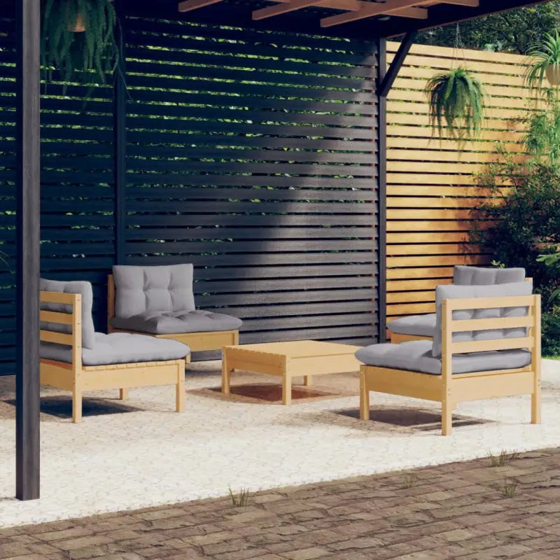 Loungetafel en banken van massief grenenhout met voetenbank - Bruin en grijs - Tuinsets