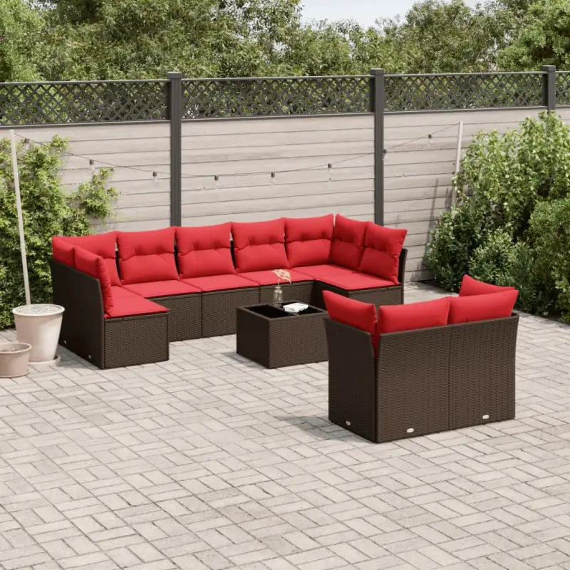 Loungetoel met poly rattan en gepoedercoat staal voor tuin of terras - Bruin en rood / Met tafel - Tuinsets