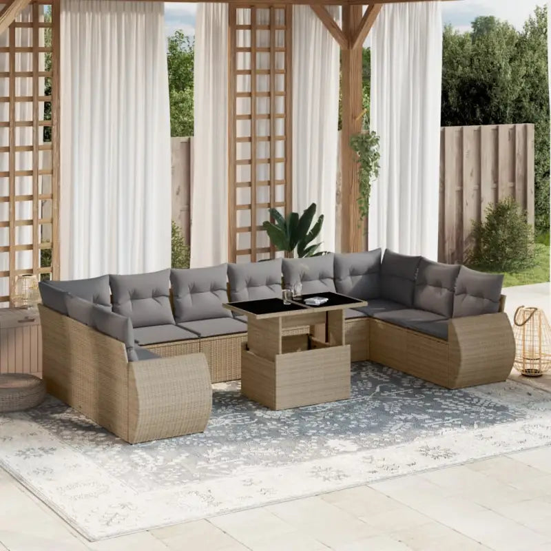 Loungetuinset met beige materiaal en gepoedercoat staal afmetingen - Beige en grijs / Met tafel - Tuinsets