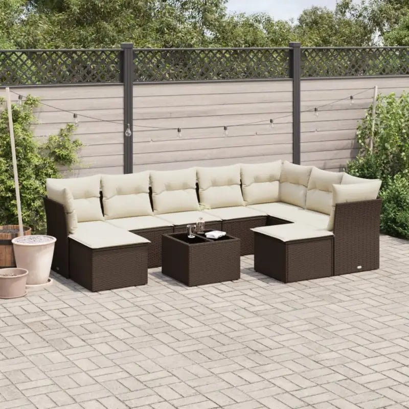 Loungetuinset met beige materiaal en gepoedercoat staal afmetingen - Bruin en crème / Met tafel - Tuinsets