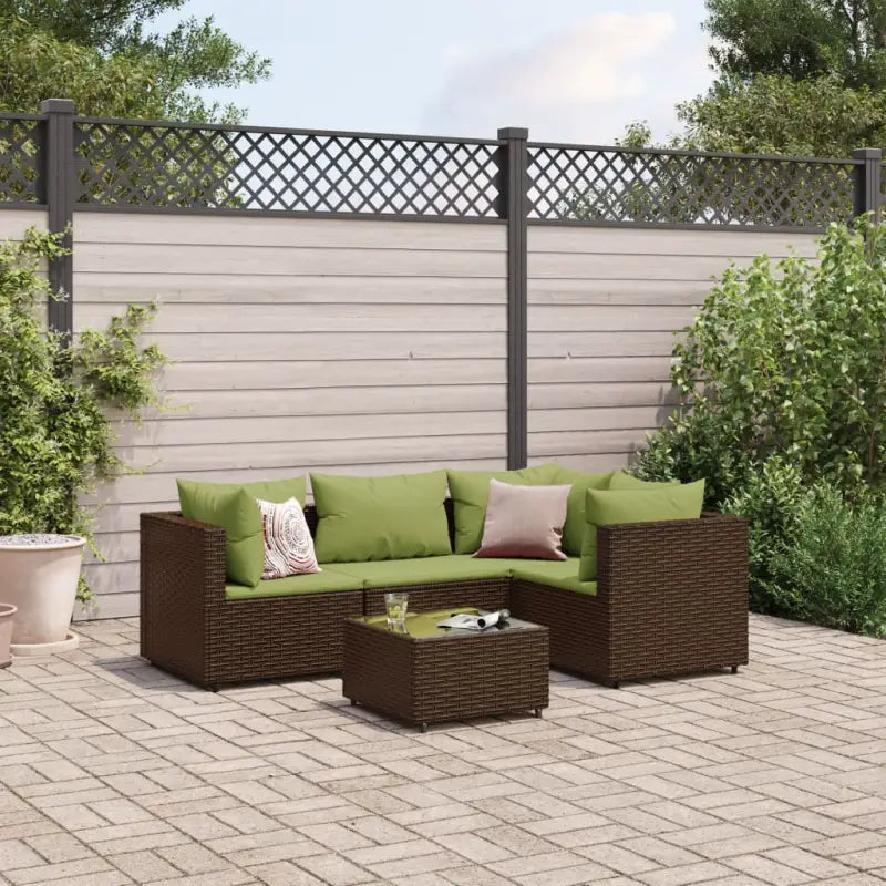 Loungetuinset met bruin materiaal en gepoedercoat staal voor buitengevoel - Bruin en groen / 3x hoek + midden + Tafel