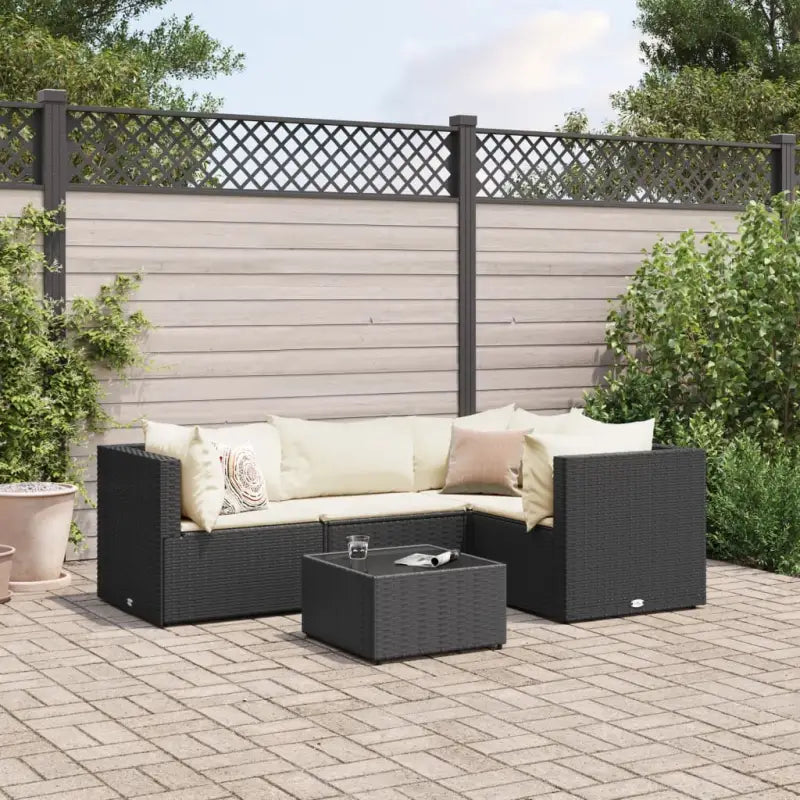 Loungetuinset met bruin materiaal en gepoedercoat staal voor buitengevoel - Zwart en crème / 3x hoek + midden + Tafel