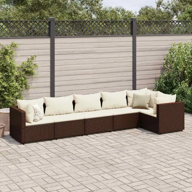 Loungetuinset met bruin materiaal en gepoedercoat staal voor buitengevoel - Bruin en crème / 3x hoek + 3x midden