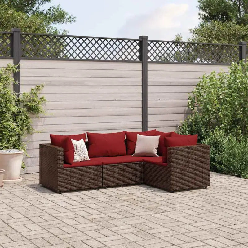Loungetuinset met bruin materiaal en gepoedercoat staal voor buitengevoel - Bruin en rood / 3x hoek + midden - Tuinsets