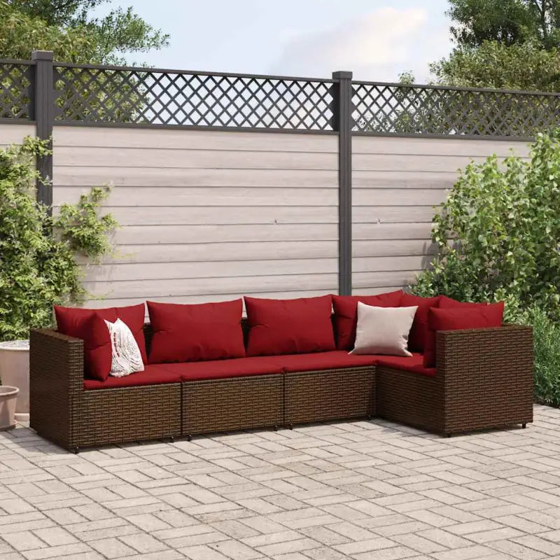 Loungetuinset met bruin materiaal en gepoedercoat staal voor buitengevoel - Bruin en rood / 3x hoek + 2x midden