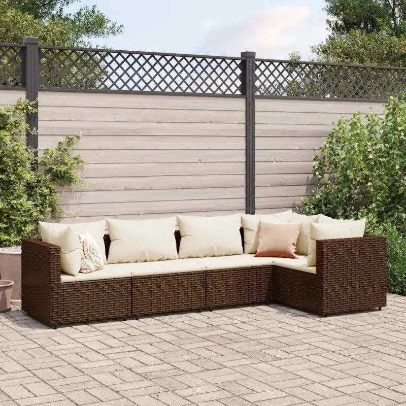 Loungetuinset met bruin materiaal en gepoedercoat staal voor buitengevoel - Bruin en crème / 3x hoek + 2x midden