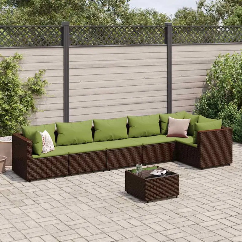 Loungetuinset met bruin materiaal en gepoedercoat staal voor buitengevoel - Bruin en groen / 3x hoek + 3x midden