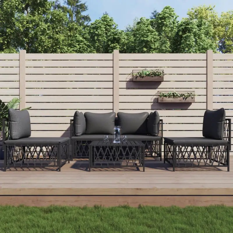 Loungetuinset van geweven stof met antraciet materiaal en gepoedercoat staal - Antraciet / 2x hoek + 2x midden + Tafel