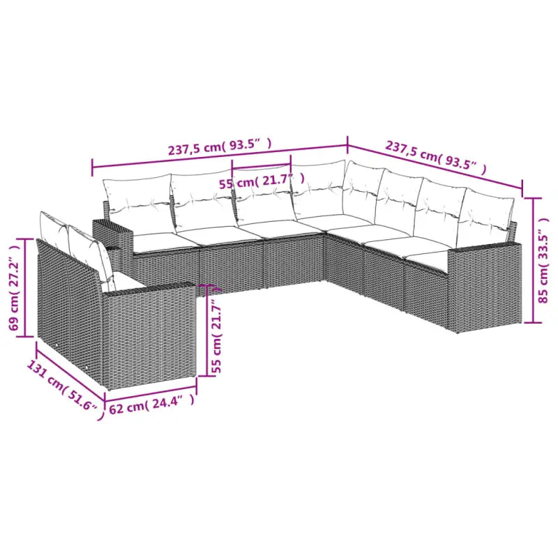 Loungetuinset van grijs materiaal met gepoedercoat staal en afmetingen - Tuinsets