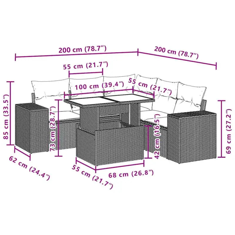Loungetuinset van zwart materiaal en gepoedercoat staal afmetingen - Tuinsets
