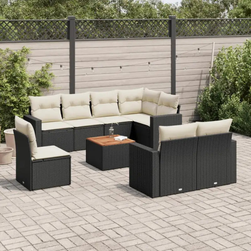 Loungetuinset van zwart materiaal met gepoedercoat staal volgens afmetingen - Zwart en crème / 5x hoek + Tafel + 3x