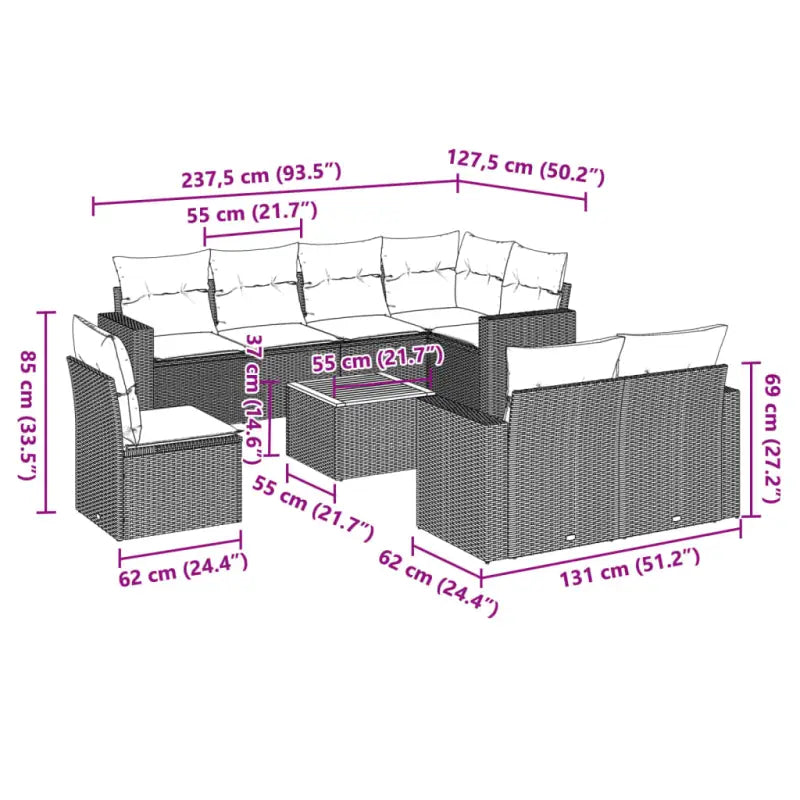 Loungetuinset van zwart materiaal met gepoedercoat staal volgens afmetingen - Tuinsets
