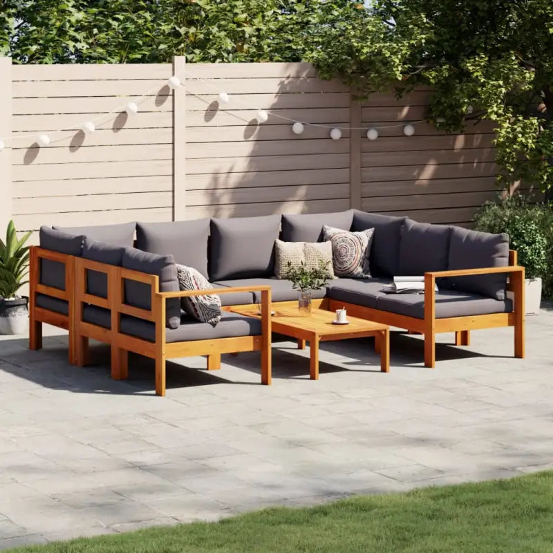 Loungetuinstel van massief acaciahout met wasbare hoes en olieafwerking - Donkergrijs / 2x hoek + 3x Bank + Tafel