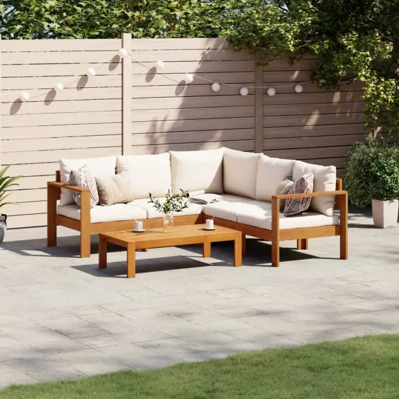Loungetuinstel van massief acaciahout met wasbare hoes en olieafwerking - Crème / hoek + 2x Bank + Tafel - Tuinsets