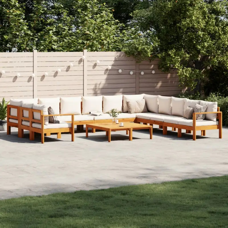 Loungetuinstel van massief acaciahout met wasbare hoes en olieafwerking - Crème / 2x hoek + 5x Bank + 2x Tafel