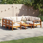 Loungetuinstel van massief acaciahout met wasbare hoes en olieafwerking - Crème / 2x hoek + 3x Bank + Tafel - Tuinsets