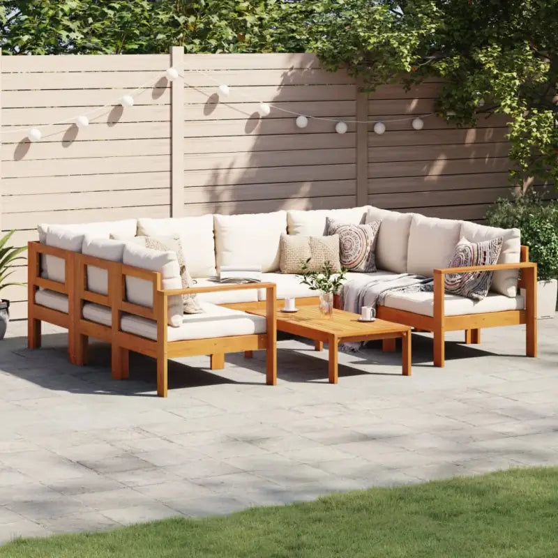 Loungetuinstel van massief acaciahout met wasbare hoes en olieafwerking - Crème / 2x hoek + 3x Bank + Tafel - Tuinsets