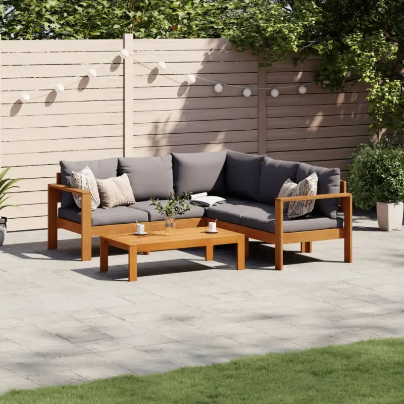 Loungetuinstel van massief acaciahout met wasbare hoes en olieafwerking - Donkergrijs / hoek + 2x Bank + Tafel