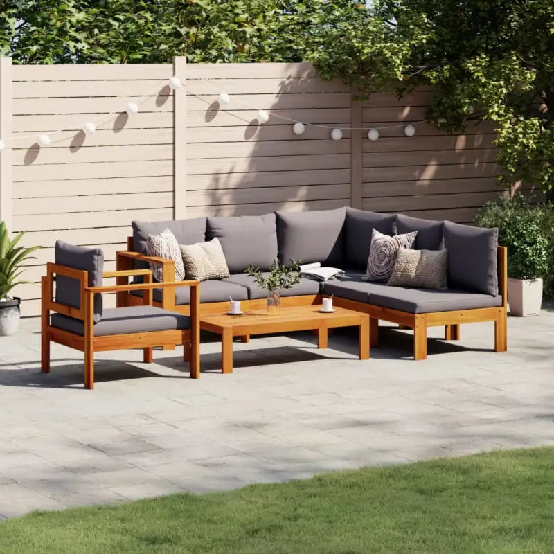 Loungetuinstel van massief acaciahout met wasbare hoes en olieafwerking - Donkergrijs / stoel + hoek + 2x Bank + Tafel