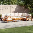 Loungetuinstel van massief acaciahout met wasbare hoes en olieafwerking - Crème / stoel + hoek + 3x Bank + Tafel