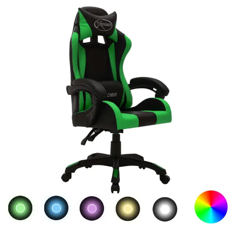 Luxe gamestoel met RGB LED en hoogte verstelbaar kunstlederen bekleding - Groen en zwart / 1 / Zonder voetensteun