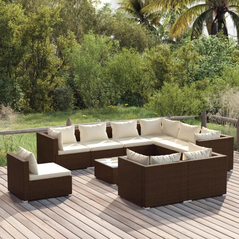 Luxe poly rattan tuinset met waterbestendig materiaal en diepe zitting - Bruin en crème / 4x midden + 5x hoek + Tafel