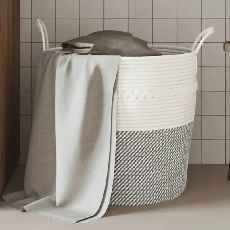 Manden met modern design van geweven katoenen touwen voor elke kamer - Grijs en wit / 43 x 38 cm - Manden