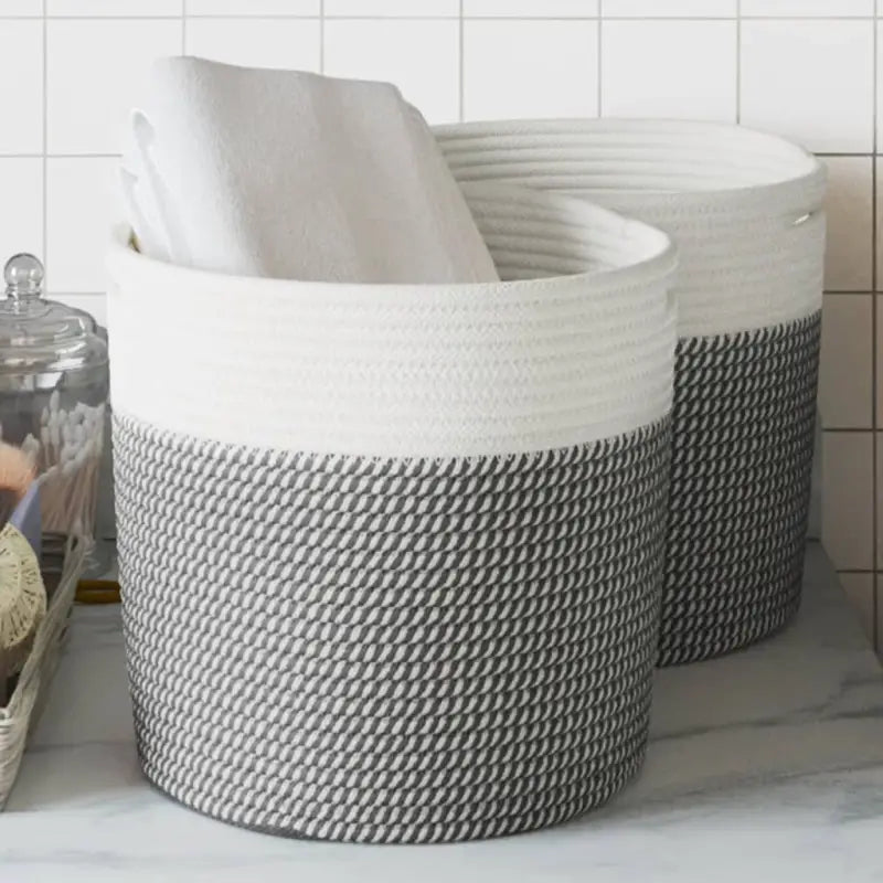 Manden met modern design van geweven katoenen touwen voor elke kamer - Grijs en wit / 28 x 28 cm - Manden