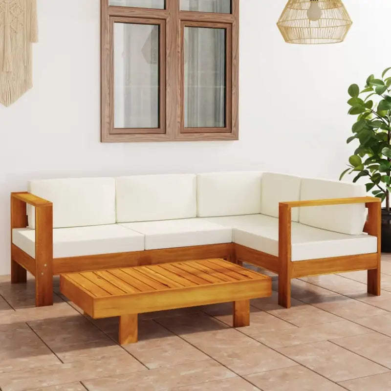Massief acaciahout loungeset met afmetingen middenbank voor tuin en terras - Crème / hoek + 3x midden + Tafel - Tuinsets